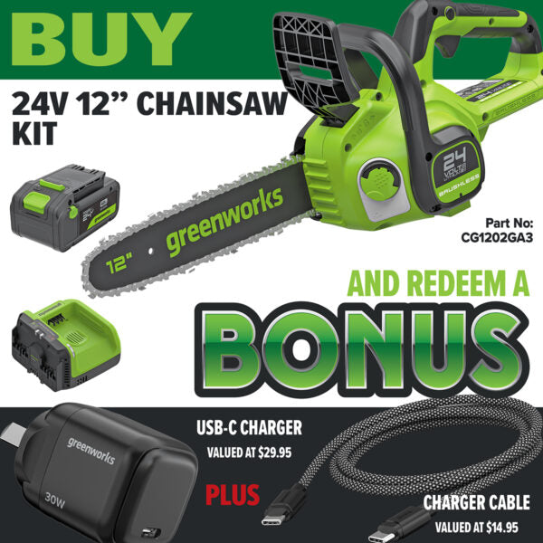 Greenworks 24V POWERALL 12” Chainsaw Kit with Dual Voltage 24V/60V Charger