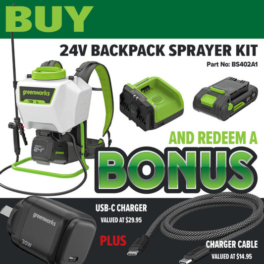 Greenworks 24V POWERALL Backpack Sprayer Kit with Dual Voltage 24V/60V Charger