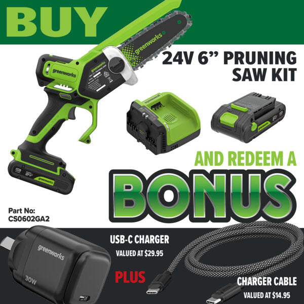 Greenworks 24V POWERALL 6” Pruning Saw Kit with Dual Voltage 24V/60V Charger