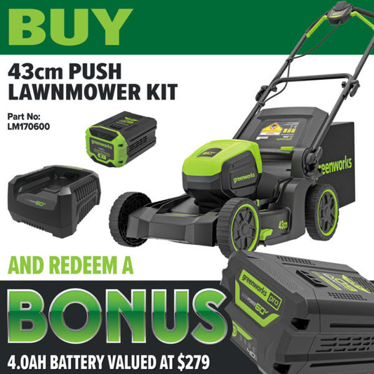 Greenworks 60V Battery 17" (430mm) 4.0ah Lawn Mower Kit