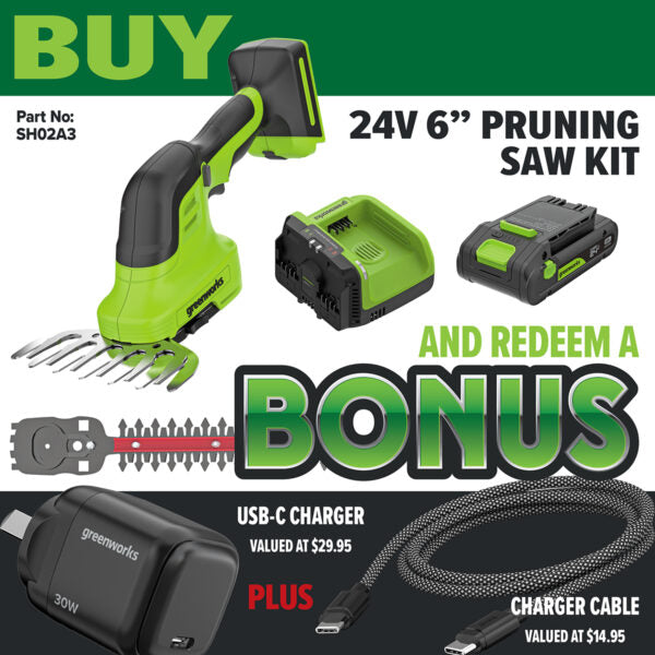 Greenworks 24V POWERALL Shrub Shears kit with Dual Voltage 24V/60V Charger